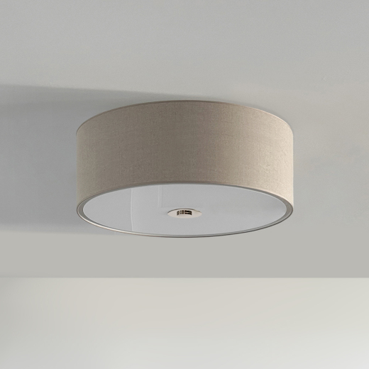 Giotto Ceiling chandelier with linen natural 01 and galvanic col. Nickel lampshade front