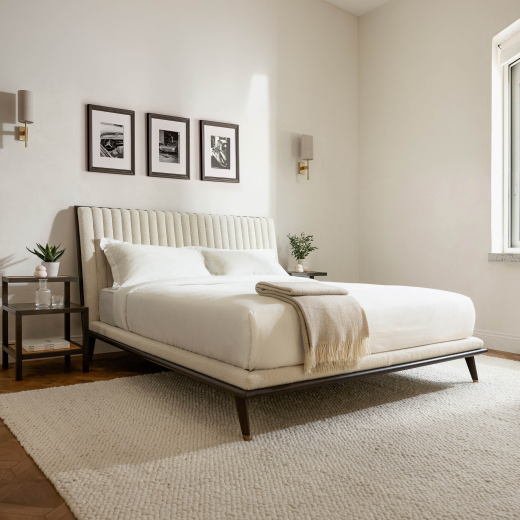Mariano bed Tosconova upholstery Dedar A Joy ambient three quarter